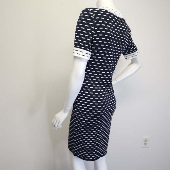 Misook Womens XS Petite Short Sleeve Knit Dress Navy Blue White Dashes & Trim - Picture 7 of 14